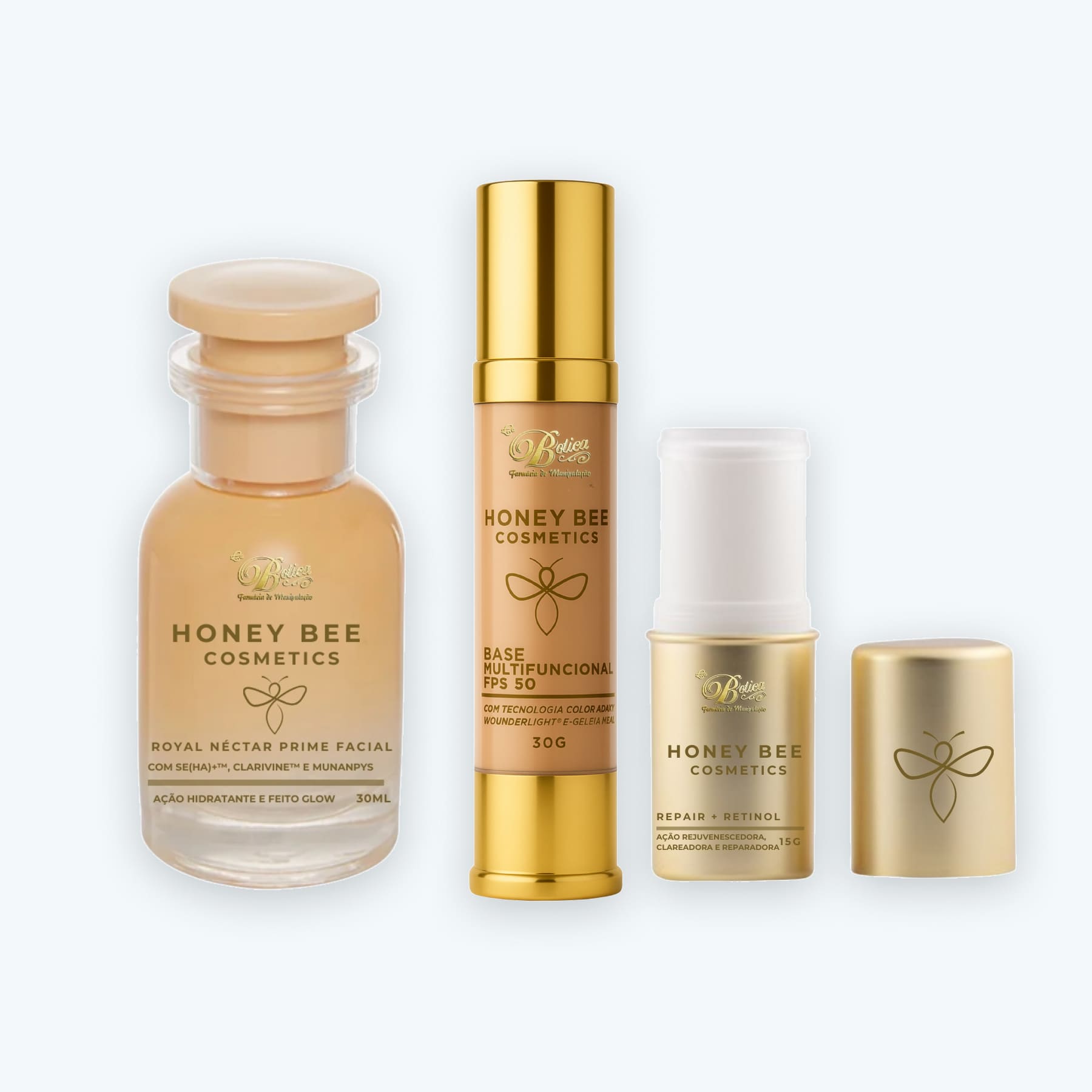 Combo Honey Bee Glow Trio — FPS50 + Prime Iluminador + Retinol Inteligente