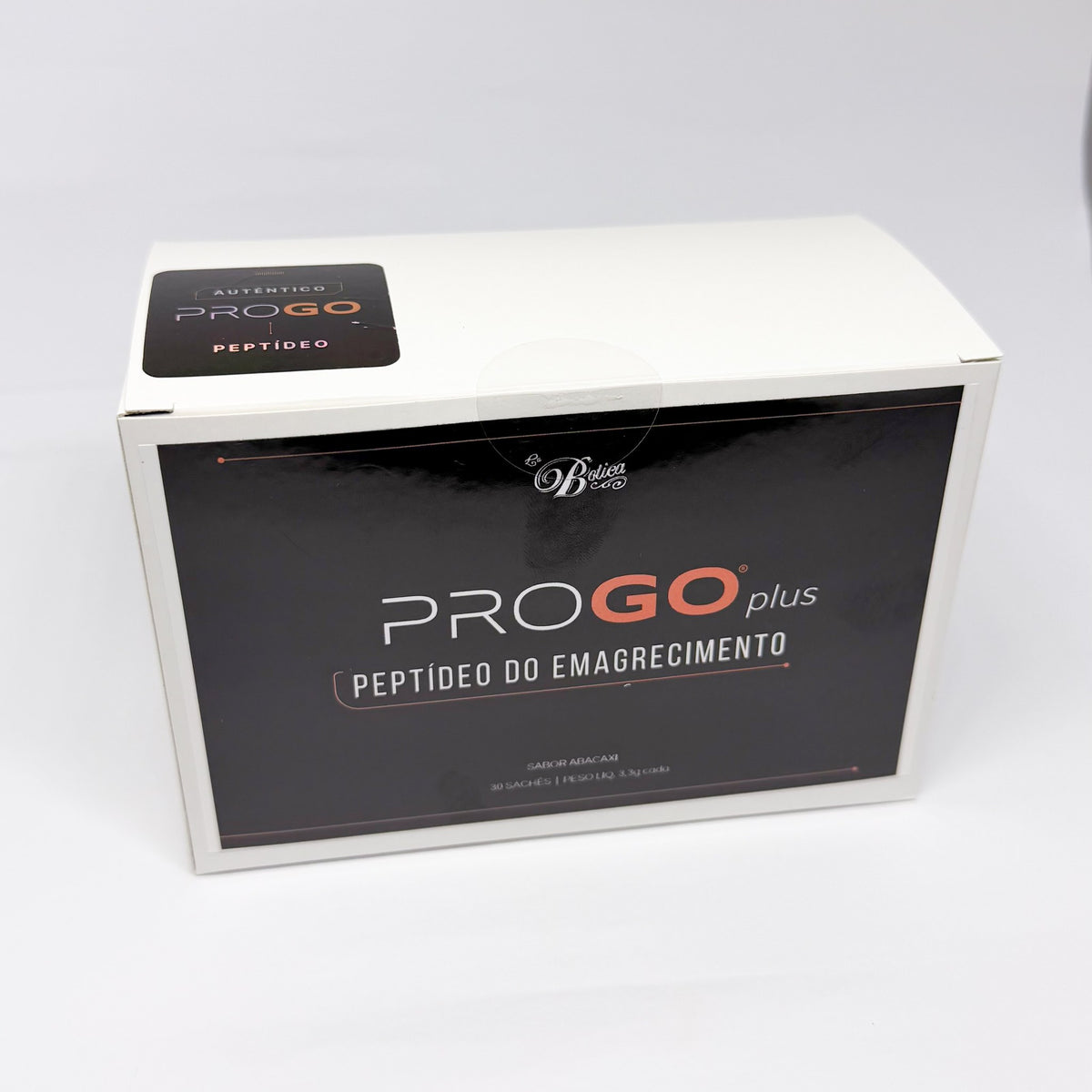 PROGO plus La Botica, Peptídeo do Emagrecimento, caixa com 30 sachês sabor abacaxi com o selo Autêntico ProGo Peptídeo