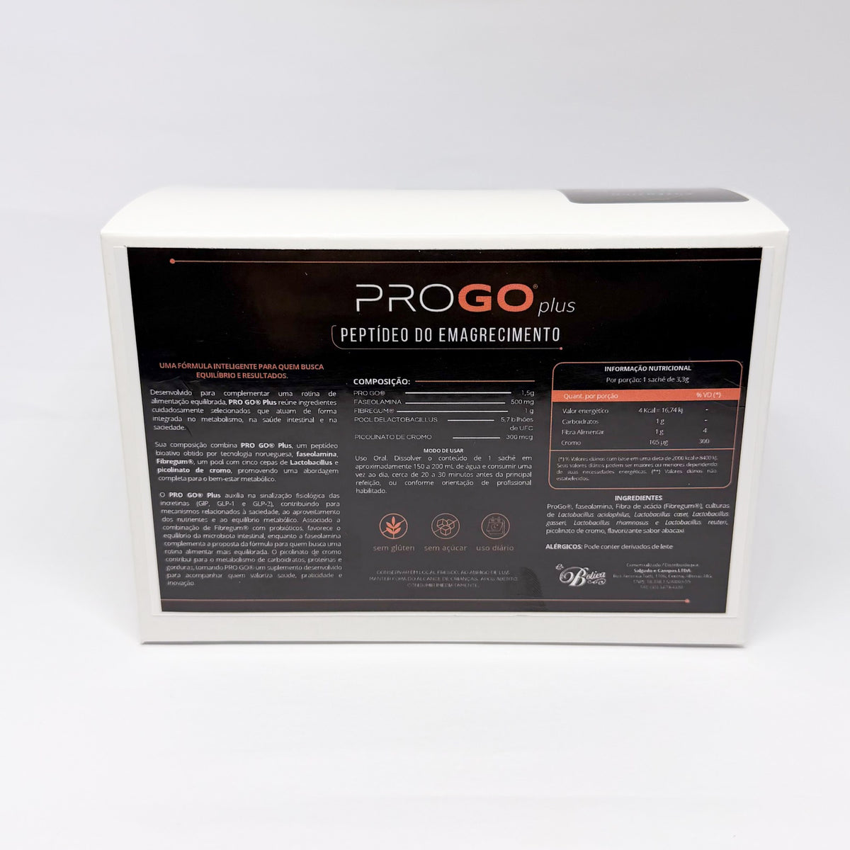 Verso da caixa do PROGO plus com composição, modo de usar, informação nutricional e ingredientes