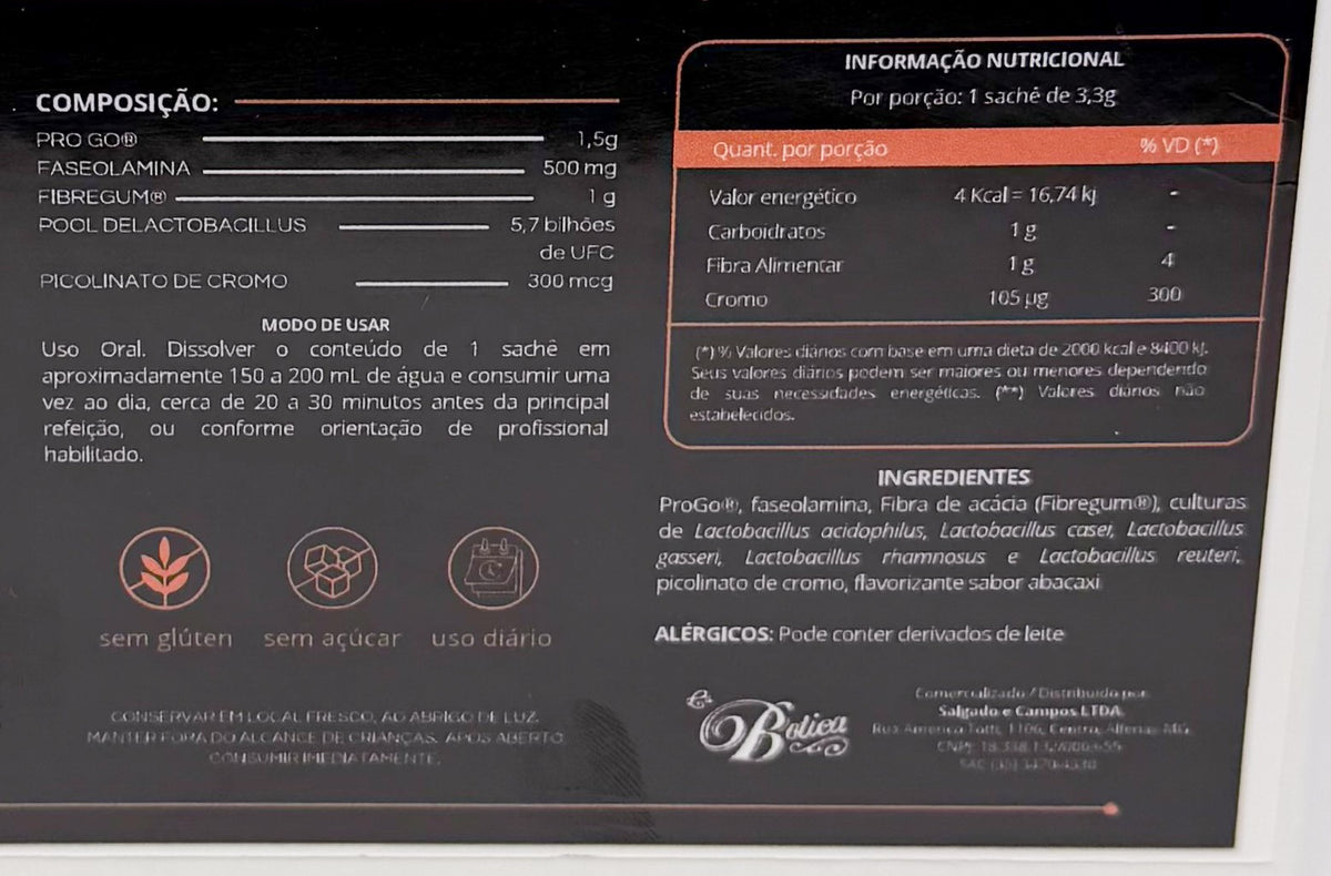 Detalhe do rótulo do PROGO plus: ProGo 1,5 g, faseolamina 500 mg, Fibregum 1 g, 5,7 bilhões de UFC de lactobacilos e picolinato de cromo por sachê