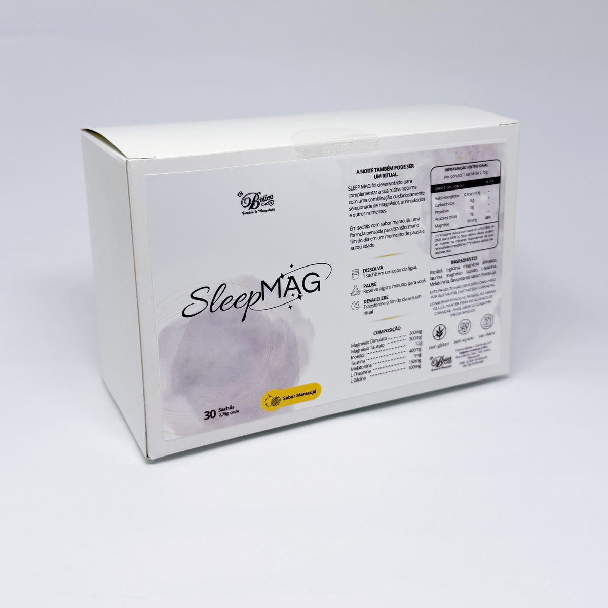 Caixa do Sleep MAG em ângulo de três quartos, com o rótulo lilás e o selo sabor maracujá