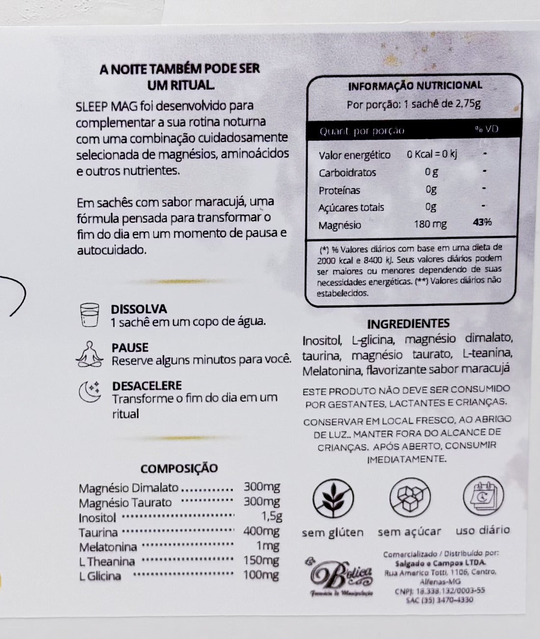Detalhe do rótulo do Sleep MAG: composição por sachê, informação nutricional, ingredientes e advertências